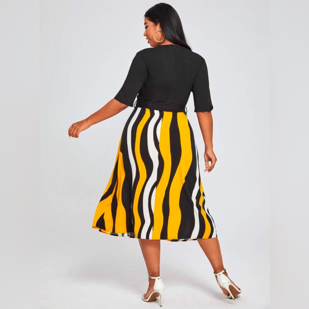 NWOT Clasi Striped Self Tie A-Line Dress size 20 Yellow/Black/White - Picture 2 of 7